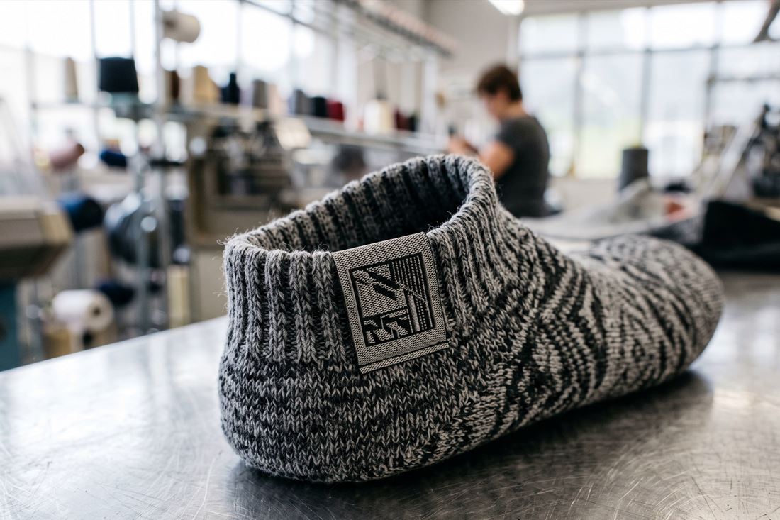 Jacquard knitted brand label on sock shoe collar